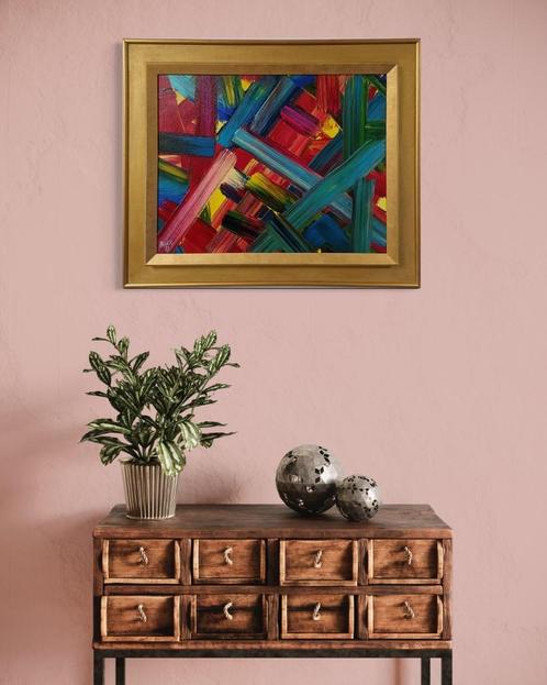 "Festival van bewegende lijnen" (gouden kader), Antiek en Kunst, Kunst | Schilderijen | Abstract, Ophalen of Verzenden