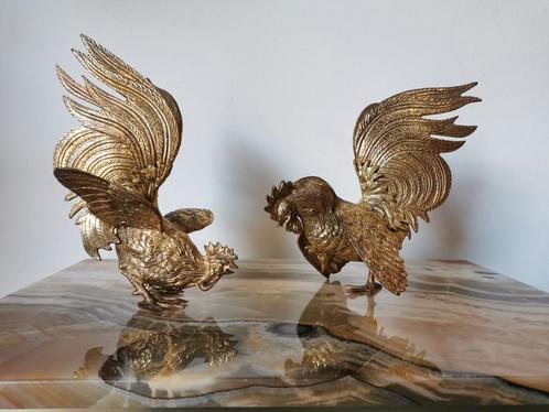 Set van 2 bronzen/ messing vechtende hanen, Antiek en Kunst, Kunst | Designobjecten, Ophalen of Verzenden