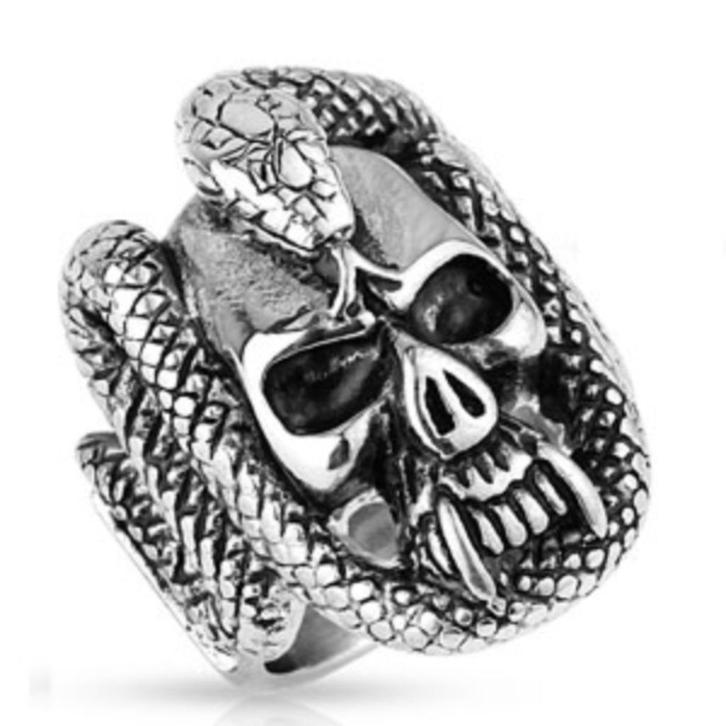 Stalen herenring skull met slang, Handtassen en Accessoires, Ringen, Nieuw, Dame of Heer, 20 of groter, IJzer of Staal, Ophalen of Verzenden