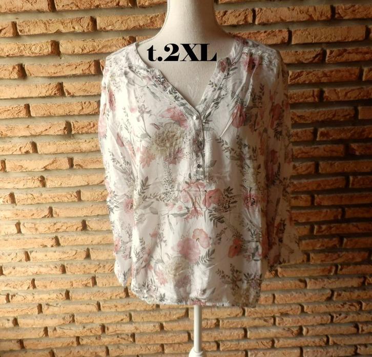(92)- blouse femme t.2XL blanc et rose - a.thiery -, Kleding | Dames, Blouses en Tunieken, Zo goed als nieuw, Maat 42/44 (L), Wit