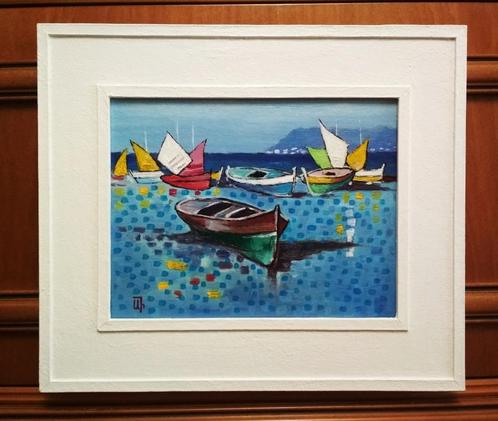 “Azuurblauwe Kust” Schilderij met lijst, Antiek en Kunst, Kunst | Schilderijen | Modern, Verzenden