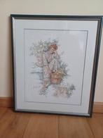 Borduurwerk ingelijst – 52,5x62 – Meisje met bloemen, Enlèvement, Utilisé, 50 à 75 cm, Autres types