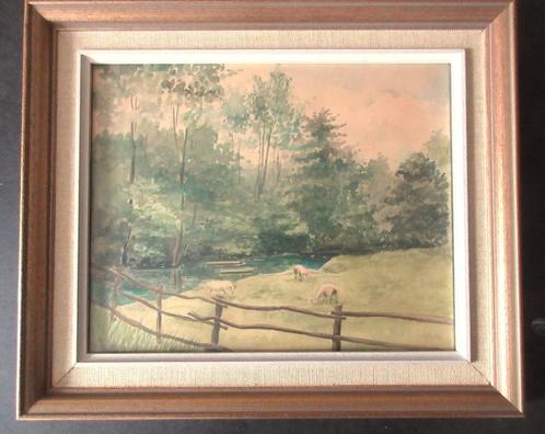 Aquarel "waterloop met schapen" Bokrijk -Lucien Boschmans, Antiek en Kunst, Kunst | Schilderijen | Klassiek, Ophalen of Verzenden
