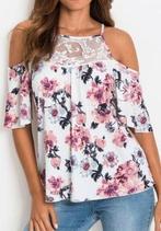 Top T-shirt floral épaules dénudées dentelle, Envoi, Neuf, Blanc, Manches courtes