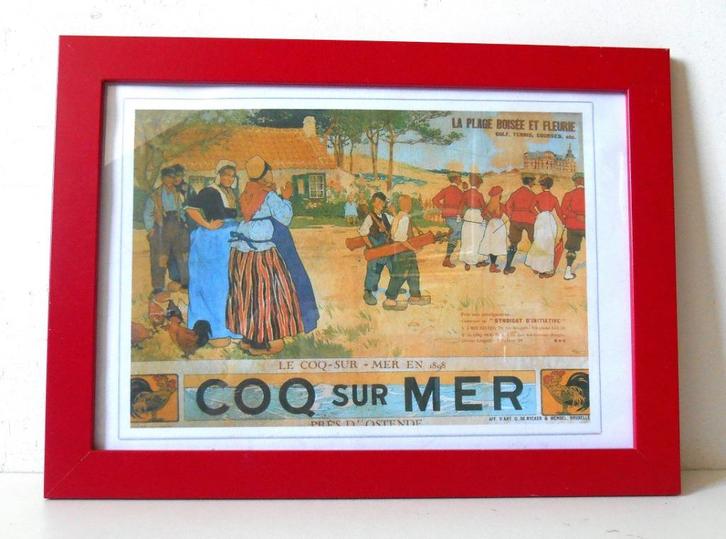 Coq sur Mer in rode houten kader, Huis en Inrichting, Woonaccessoires | Wanddecoraties, Ophalen of Verzenden