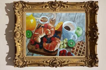 "Stilleven met koffie en croissants" Schilderij   beschikbaar voor biedingen