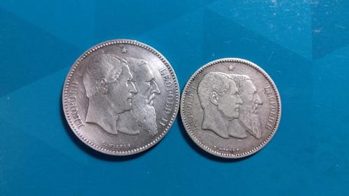 België 2 frank en 1 frank zilver Leopold II 1830 - 1880, Postzegels en Munten, Munten | België, Losse munt, Zilver, Zilver, Ophalen of Verzenden
