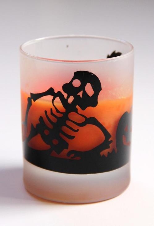 Halloween figuren - griezels op glas met Oranje kaars in, Hobby en Vrije tijd, Feestartikelen, Zo goed als nieuw, Versiering, Ophalen of Verzenden