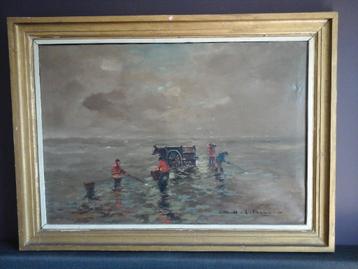 MOOI GROOT SCHILDERIJ  " SCHELPEN VISSERS " VAN H J PAUWELS 