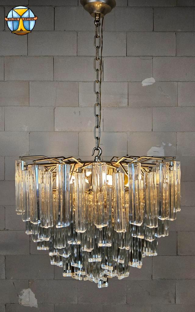 Vintage Itilian kristallen kroonluchter Venini Triedi Murano, Huis en Inrichting, Lampen | Kroonluchters, Gebruikt, Glas, Metaal