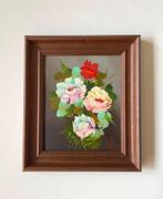 Olieverfschilderij: „Roses” (25 x 29) * Vintage jaren 70*, Minder dan 50 cm, Oorspronkelijke maker, Ophalen of Verzenden, Zo goed als nieuw