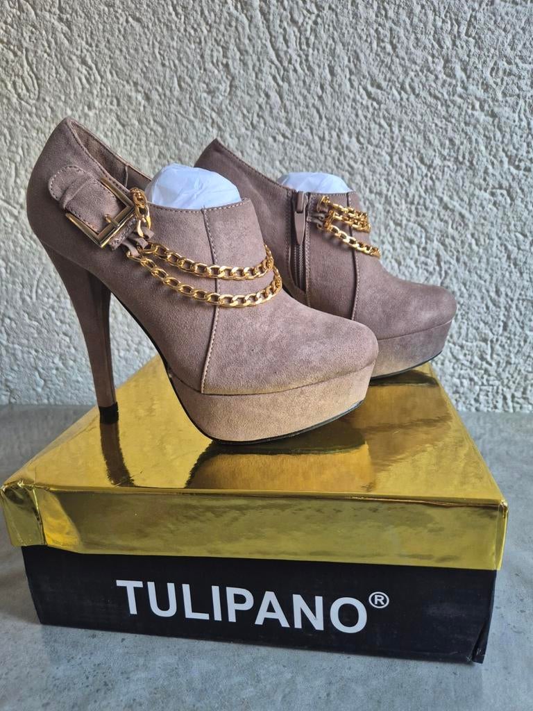 TULIPANO Enkellaarsjes met hak en ketting - Maat 36-40, Ophalen, Overige kleuren, Nieuw, Schoenen met hoge hakken