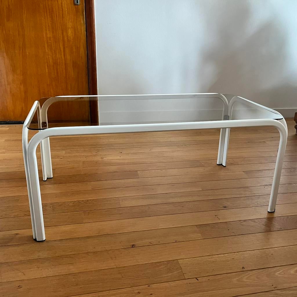 Table basse vintage 1980’s en métal - tablette en verre fumé, Utilisé, X, 75 cm ou plus, Rectangulaire