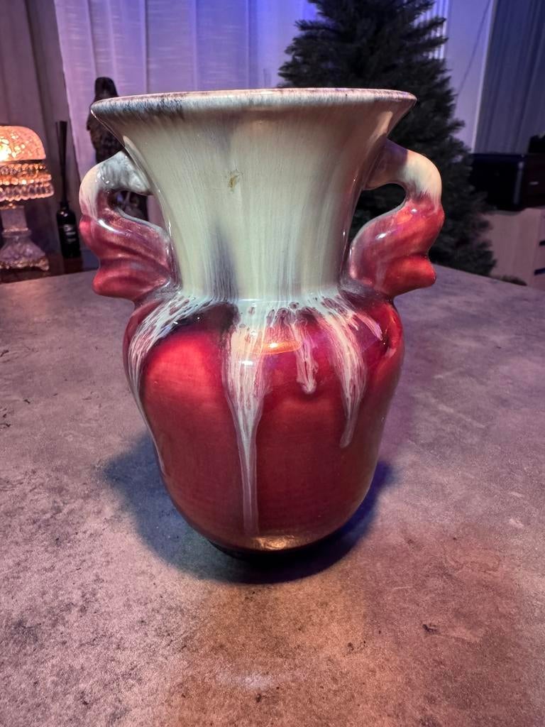 Antieke keramische vaas Art Nouveau–rood/crème druipglazuur, Enlèvement