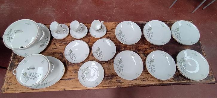 Vintage servies botanisch motief goudkleurig rand koffieset, Antiek en Kunst, Antiek | Servies compleet, Ophalen