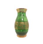 Antieke smaragdgroene glazen vaas met gouden bloemendecor, Ophalen of Verzenden