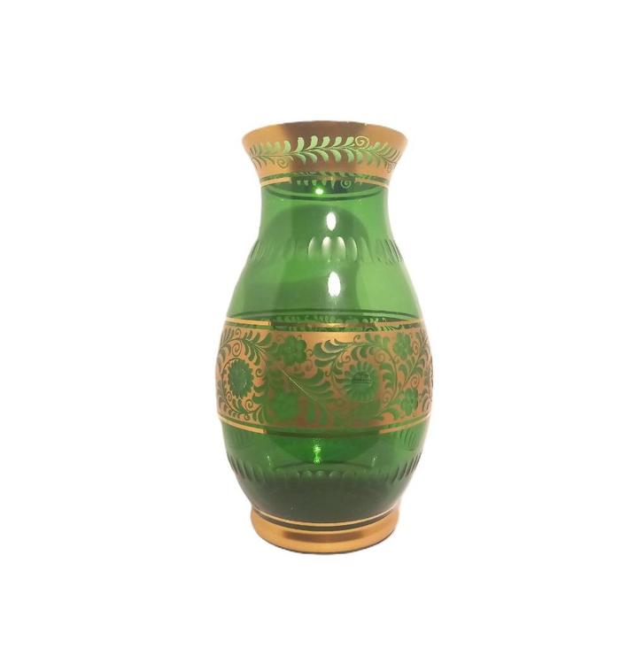 Antieke smaragdgroene glazen vaas met gouden bloemendecor, Antiek en Kunst, Antiek | Vazen, Ophalen of Verzenden