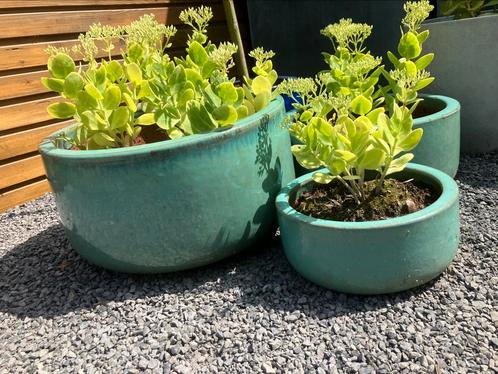 3 geglazuurde azuurblauwe bloempotten, Tuin en Terras, Bloempotten, Zo goed als nieuw, Terracotta, Binnen, Balkon, Tuin, Minder dan 40 cm