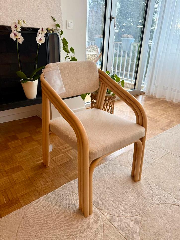 Fauteuil de table en rotin et textile beige, Maison & Meubles, Fauteuils, Comme neuf, Osier ou Rotin, 50 à 75 cm, 75 à 100 cm