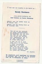 Sandy SOETAERS Ottenburgs  1973 - 1973 kind - Jaklien, Verzamelen, Bidprentjes en Rouwkaarten, Verzenden, Bidprentje