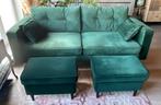 Zetel en 2 voetbanken velvet veloers groen, Ophalen, 125 cm of meer, Zo goed als nieuw, Stof