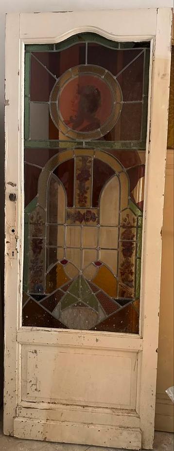 Antieke Art Nouveau deur met origineel glas-in-lood (+-1900) beschikbaar voor biedingen