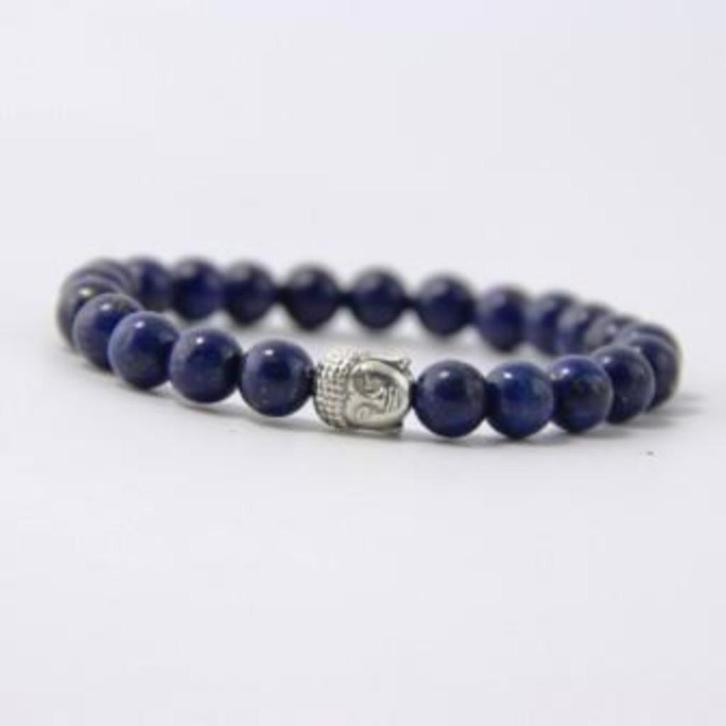 Lapis Lazuli armband met zilverkleurige Boeddhakraal, Handtassen en Accessoires, Armbanden, Nieuw, Elastiek, Ophalen of Verzenden