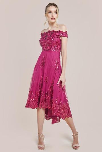 cocktailjurk halflange avondjurk kleur fuchsia maat 34, 36 beschikbaar voor biedingen