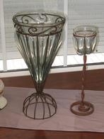 2 Glazen vazen in metalen staander, Ophalen of Verzenden