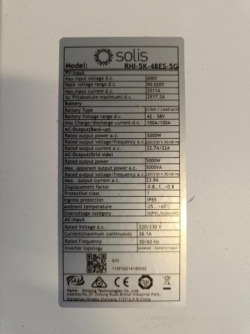 Solis omvormer RHI-5K-48ES-5G, Doe-het-zelf en Bouw, Zonnepanelen en Toebehoren, Gebruikt, Compleet systeem, 200 wattpiek of meer
