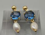 14 Karaat goud op zilver oorbellen topaas en Parel.2024/657, Handtassen en Accessoires, Oorbellen, Blauw, Nieuw, Ophalen of Verzenden