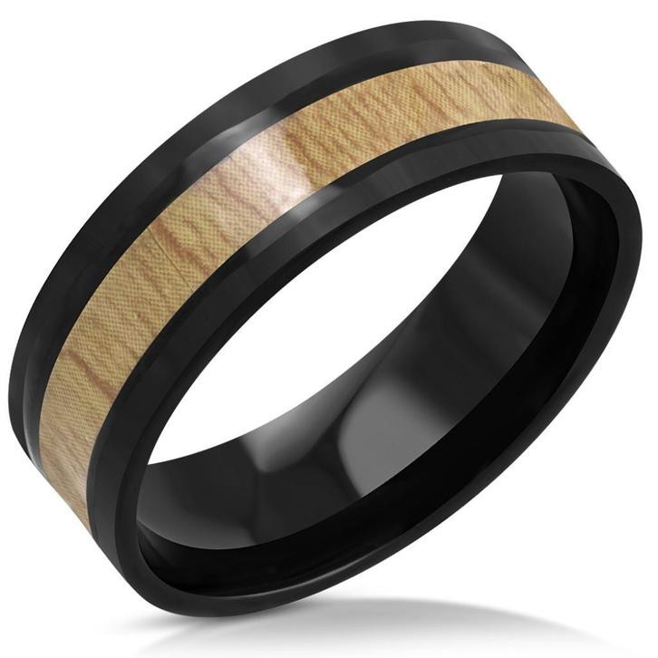 Zwart stalen mannen ring met hout, Handtassen en Accessoires, Ringen, Nieuw, Heer, Zwart, IJzer of Staal, Ophalen of Verzenden