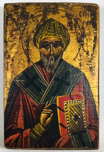 Antiek orthodox Icoon schilderij Sint Spyridon beschikbaar voor biedingen
