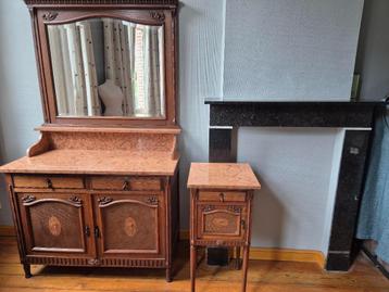 Stijlvolle retro commode + 2 nachtkastjes met marmeren blad beschikbaar voor biedingen