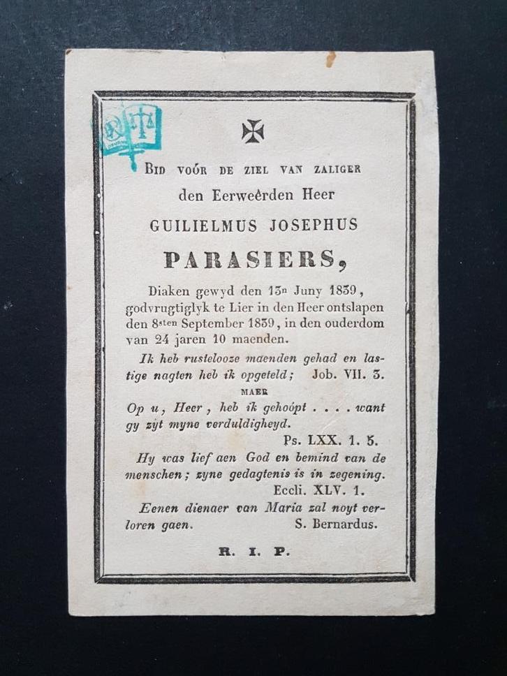 Zeer oud doodsprentje G.J. Parasiers Diaken 1839 Lier, Verzamelen, Bidprentjes en Rouwkaarten, Rouwkaart, Verzenden