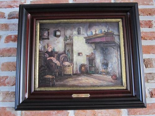 Peinture sur toile « Mère et enfant à la cheminée », Antiquités & Art, Art | Peinture | Classique, Enlèvement ou Envoi