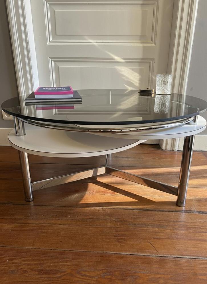 Space age chrome & glas salontafel – 1970s, Huis en Inrichting, Tafels | Salontafels, Zo goed als nieuw, Minder dan 50 cm, 50 tot 100 cm