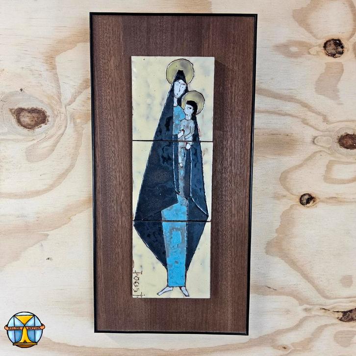 Vintage 60s Heilige Moeder Maria tegel kunstwerk (Poost), Verzamelen, Religie, Zo goed als nieuw, Christendom | Katholiek, Overige typen