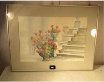 Mooi geschilderd Aquarel 'Bloemen bij Trap' - Erica Oort beschikbaar voor biedingen