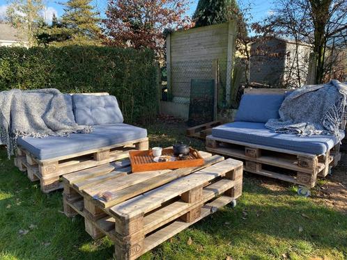 Europallet tuinbank met kussens :, Jardin & Terrasse, Bancs de jardin, Utilisé, Bois, Enlèvement