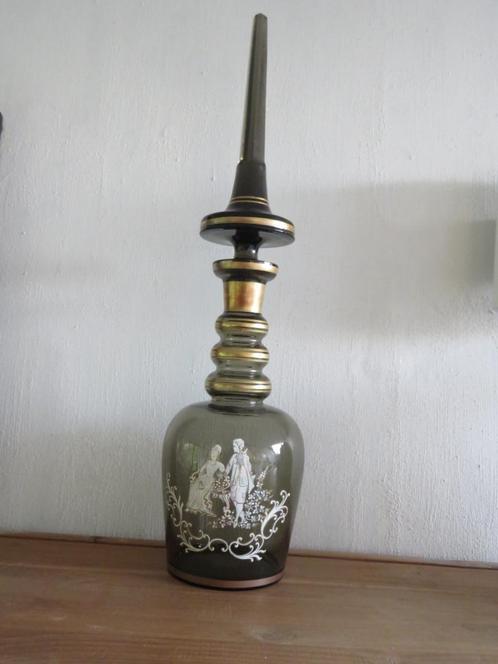 Uniek beschilderde vaas met stop grijs gerookt glas, Antiek en Kunst, Curiosa en Brocante, Ophalen of Verzenden