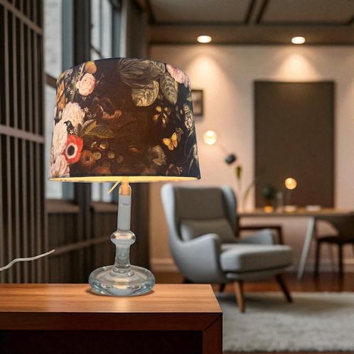 Vintage gebloemde tafellamp met glazen voet, Antiek en Kunst, Antiek | Verlichting, Ophalen of Verzenden
