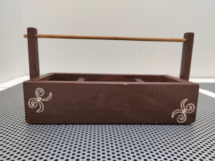Houten presentatiedoos (handvat & tribal) voor bv. thee., Antiek en Kunst, Curiosa en Brocante, Ophalen of Verzenden