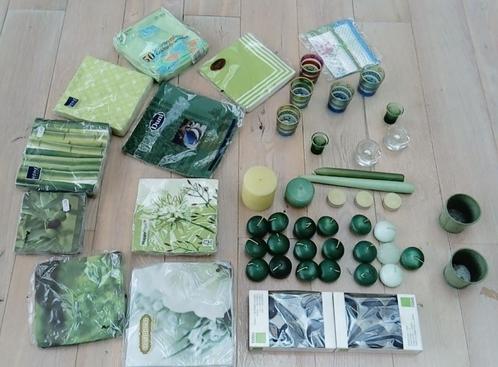 Tafeldecoratie set Groen/Blauwe servetten, kaarsen, kandelaa, Huis en Inrichting, Woonaccessoires | Kandelaars en Kaarsen, Zo goed als nieuw