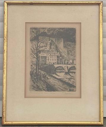 Gravure vue de l ancien huy signe Marcel bauer, Antiquités & Art, Enlèvement ou Envoi