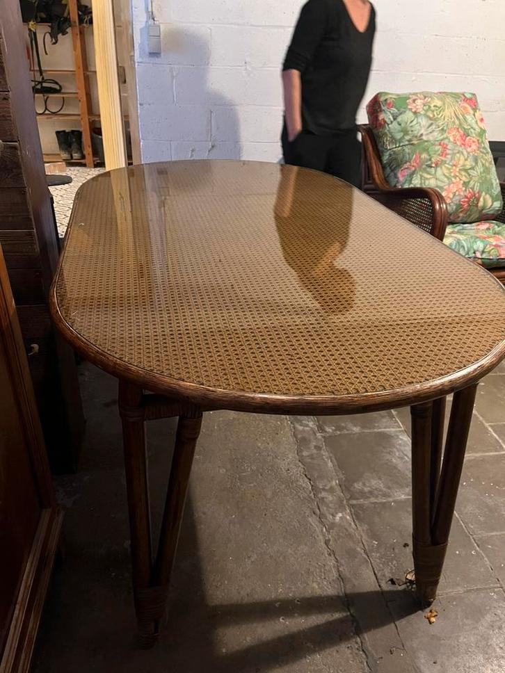 Belle table vintage de forme ovale en rotin et cannage, Maison & Meubles, Tables | Tables à manger, Comme neuf, Ovale, Verre, Enlèvement