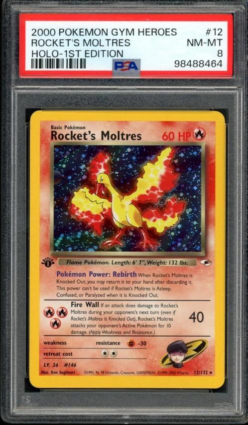 Rocket's Moltres Holo 1st Edition PSA 8 - 12/132 Gym Heroes, Hobby en Vrije tijd, Verzamelkaartspellen | Pokémon, Zo goed als nieuw