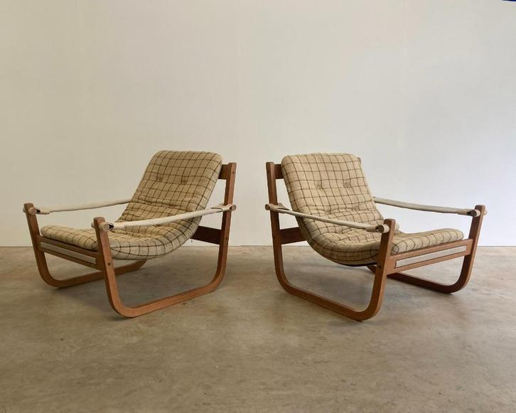 2x Vintage Swedese fauteuil door Yngve Ekström, Huis en Inrichting, Fauteuils, Gebruikt, Hout, Leer, Stof, 50 tot 75 cm, 75 tot 100 cm