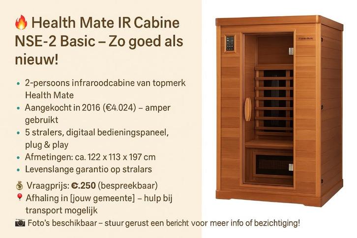 HEALTH MATE IR CABINE NSE-2 BASIC - 2 personen, Sport en Fitness, Sauna, Zo goed als nieuw, Complete sauna, Infrarood, Ophalen