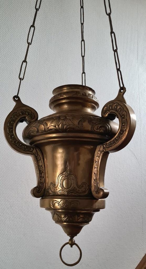 Godslamp, koper messing brons, 45 x 32cm, h. 140 cm., Verzamelen, Religie, Gebruikt, Christendom | Katholiek, Overige typen, Ophalen of Verzenden